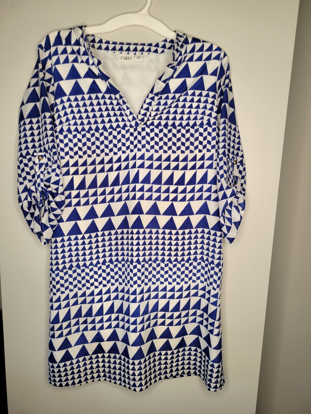 Cato Geometric Print Tunic Dress Size M Blue White 3/4 Sleeve Casual Shift